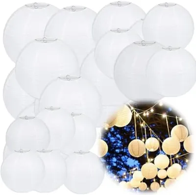 Productafbeelding van PromoHome® Set van witte papieren lampions - 30 stuks, feestverlichting voor bruiloften, feesten en interieurdecoratie (5 verschillende maten: 10 cm)