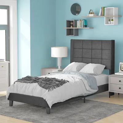 Obrázek produktu pro Čalouněná postel Sweiko dvoulůžko klasická postel 90x200 cm s dřevěným lamelovým roštem a čelem, šedá barva