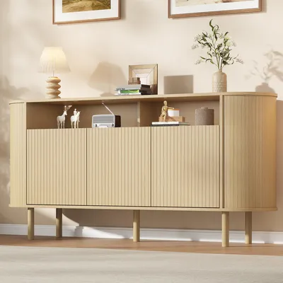 Produktbild von Merax Sideboard mit 3 Wellentüren und Massivholzbeine, Kommode mit offenem Fach, Stauraumschrank aus Spanplatte, Buffetschrank bis 75kg, Natur