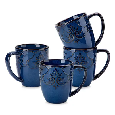Image de Set de tasses VANCASSO, 4 tasses en grès, tasses de 420 ml, tasses à café avec anse, bleu