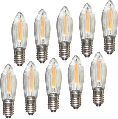 A collection of LED filament light bulbs arranged in two rows against a white background.