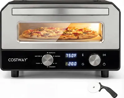 Image de Four à pizza électrique d'intérieur COSTWAY, four à pizza chauffant jusqu'à 400 °C, pizzaiolo avec 6 préréglages, fonction cuisson 2 min, pierre à pizza et roulette à pizza