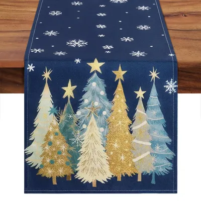 Productafbeelding van Kerst tafelloper - Linnenlook - 30 x 180 cm - Blauw - Sneeuwvlokken
