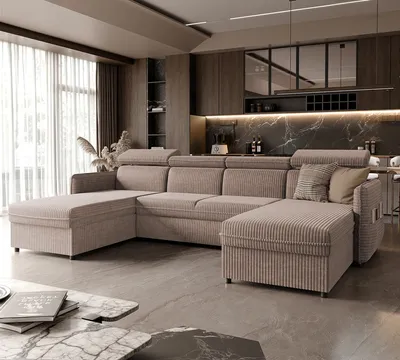 Produktbild von IDOHOME-Ecksofa Beni mit Schlaffunktion Couchgarnitur Ecke Bettcouch U-Form Sofa mit Relaxfunktion und Kopfstützen Wohnzimmer Eckcouch Poso 02 Beige