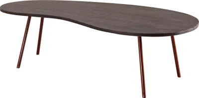 Couchtisch JAI mit dunkelgrauer Akazie-Holzplatte und kupferfarbenen Metallbeinen in Gesamtansicht.