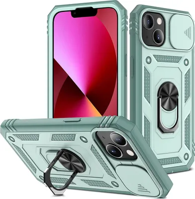 Immagine prodotto di Custodia per iPhone 14 protezione fotocamera scorrevole, resistente agli urti, con supporto ad anello, supporto e portacarte verde