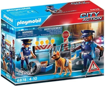 Zdjęcie produktu dla PLAYMOBIL City Action Barrage de Police 6878, 48 elementów, 2 Figurki Policjantów, Pies, Klatka i Akcesoria, Dla Dzieci od 4 lat