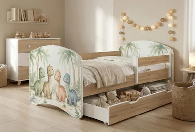 Produktbild von Happy Babies Kinderbett mit Rausfallschutz Junge 140x70 Bett für Kinderzimmer mit Schublade Matratze Einzelbett für Kinder, Gold, Bunte Aufkleber