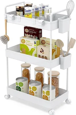 Immagine prodotto di Carrello da cucina a 3 ripiani, carrello di servizio con portabicchieri, vassoio, ganci, scaffale su ruote per cucina, camera da letto, ufficio, bianco