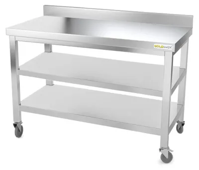 Produktbild von Arbeitstisch aus Edelstahl, 1600 x 700 mm, mit Rückenlehne und 2 Rollenregalen,  – GOLDINOX