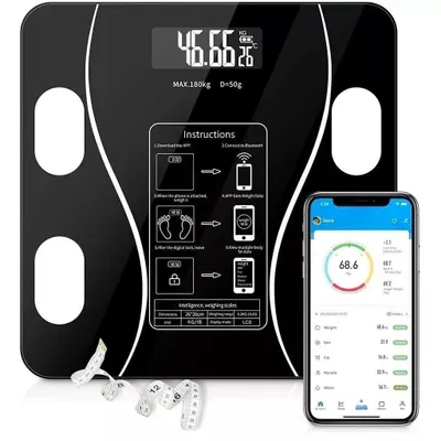 Produktbild von Digitale Personenwaage bis 180 kg mit App – Smart Körperwaage Fitnesswaage Körperanalysewaage mit Bluetooth & Körperwerten