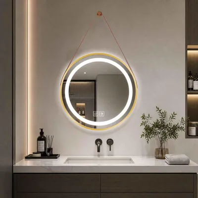 Immagine prodotto di Specchio da bagno LED rotondo con illuminazione, antiappannamento, specchio da parete touch, dimmerabile, specchio decorativo con cornice, diametro 70 cm, colore oro