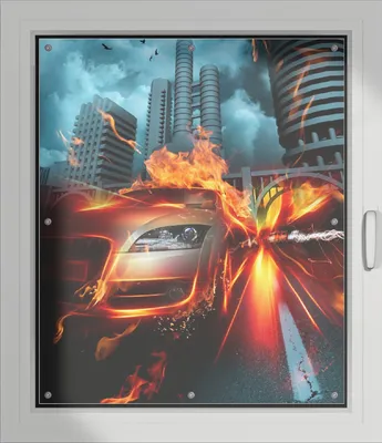 Produktbild von Wallario Lichtschutzbild, Dekorativer Sichtschutz Sonnenschutz 96 x 115 cm mit Motiv: Brennendes  fahrendes Auto - Verdunklung ohne Bohren