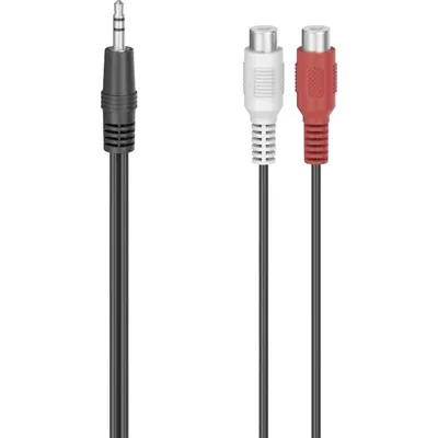 A product shot of an audio adapter cable with a 3.5mm jack on one end and two RCA connectors (one white, one red) on the other.