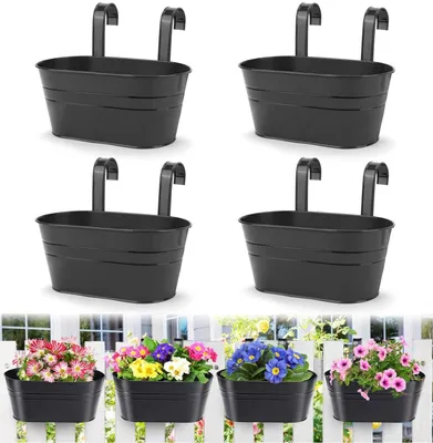 Image de Lot de 4 pots de fleurs suspendus en métal, 27,5 cm, pots de fleurs suspendus avec crochet amovible pour balcon, clôture, jardin, décoration d'intérieur (noir)