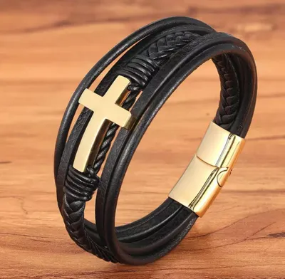 Produktbild von Armband Herren Leder Edelstahl Kreuz Magnetverschluss Schwarz Gold Edel Massiv