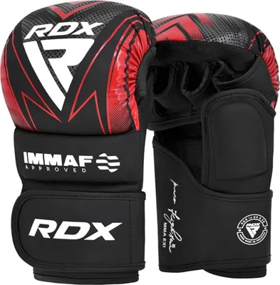 A pair of RDX MMA grappling gloves.