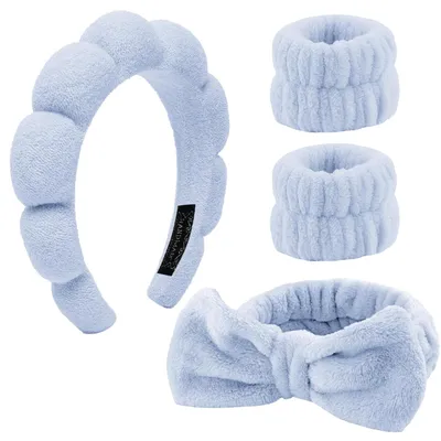Produktbild von 4 Stück Haarband Kosmetik,Spa Stirnband Make Up Schwamm Set Damen, Hautpflege Stirnband Waschen Gesicht Wristband Set Für Frauen Schönheit Mädchen Yoga Sport Dusche Make-up-Entfernung (Blau, 4 Stück)