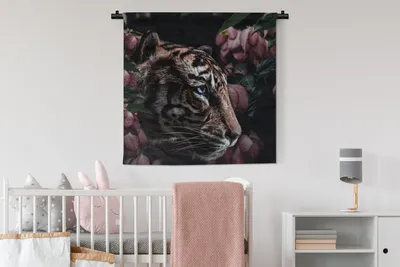 Produktbild von MuchoWow® Wandteppich Wandbehang Tiger - Blumen - Pflanze 90x90 cm Tapisserie Dekoration Wandtuch - Wandaufhänger