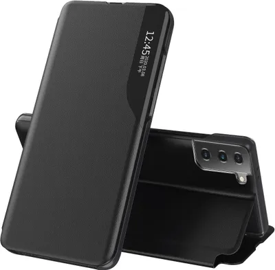 A black flip phone case is shown open, revealing the phone inside.