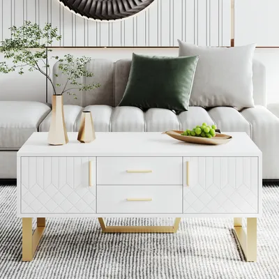 A modern living room scene with a white coffee table in the foreground and a sofa in the background.