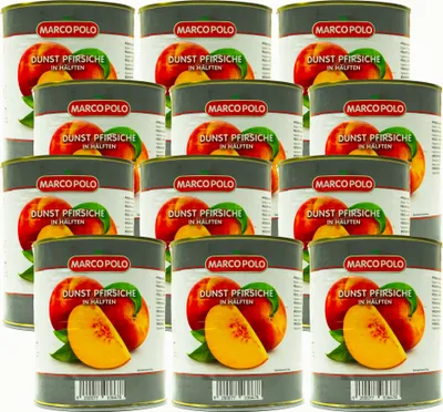 Produktbild von MARCO POLO Dunst Pfirsiche Hälften 12 Dosen Füllm 820g ATG 480g
