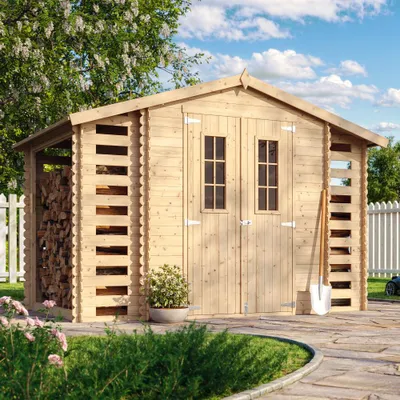 Produktbild von Holzhaus Gartenhaus mit Brennholzschuppen TIMBELA M391C+M391G - mit Boden Imprägnierte - 3,53 + 0,97 + 0,97 m2