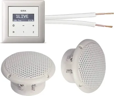 Produktbild von Gira Unterputz Radio Unterputzradio 228403 reinweiß glänzend Komplett-Set + 2 x Deckenlautsprecher weiß (Feuchtraum/Badezimmer) Einbaulautsprecher + Radioeinheit + Rahmen + 20 m Lautsprecherkabel