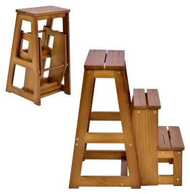 Produktbild von Dreistufiger Klapptritt aus Holz, klappbarer Treppenstuhl und Hockerleiter mit 3 Stufen (Walnuss)
