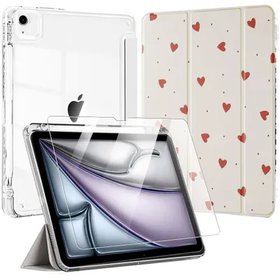 Image de Coque + Verre Trempé pour iPad Air 11 Pouces 2026/2025/2024 M4/M3/M2, Antichoc avec Porte-Stylet - Motif Cœur