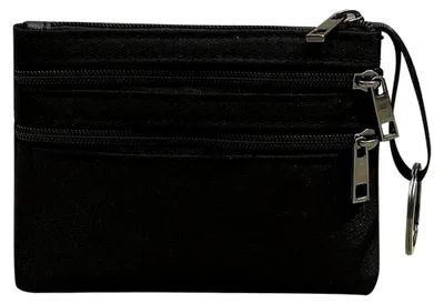 Produktbild von Portemonnaie Damen Klein, Münzbeutel mit 3 Reißverschluss-Taschen und Schlüsselanhänger, Mini Geldbörse Damen, Tragbare Münzgeldbeutel für Kleingeld, Karte, Quittung, Münzen, Schwarz