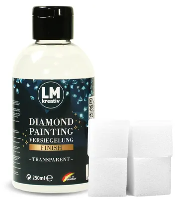Produktbild von LM-Kreativ Diamond Painting Versiegelung 250 ml, transparent glänzend – wasserbasierter Finish-Lack inkl. 4 Schwämmchen