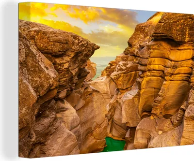 Obrázek produktu pro OneMillionCanvasses® - Obrazy na plátně - 140x90 cm, Skály - Moře - Západ slunce - Příroda - Voda, Nástěnný tisk Nástěnná dekorace - Fotografie na plátně - Malba na plátně