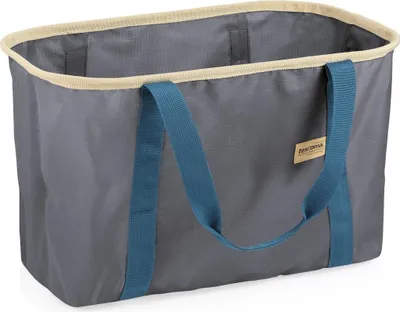 A gray foldable shopping basket with blue handles and a beige trim is shown against a white background.