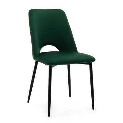 A single green chair with black legs is shown against a white background.
