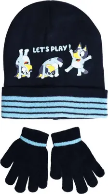 Produktbild von Bluey Kinder Herbst Wintermütze Bommelmütze plus Handschuhe – Dunkelblau / 52