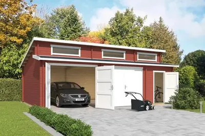 Produktbild von Lasita Maja Gartenhaus / Gerätehaus / Garage Hawaii Set Mit Holztoren Schwedenrot, Farbe:schwedenrot, Dachform:Stufendach