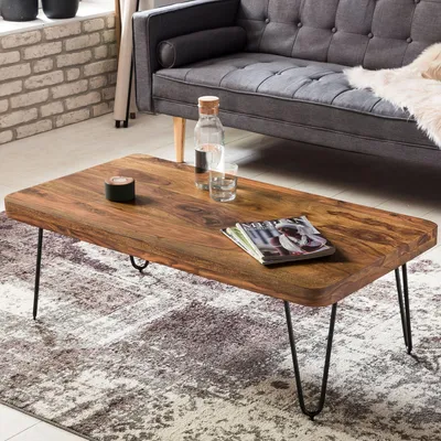 Obrázok produktu pre Konferenčný stolík FineBuy z masívneho dreva sheesham, 115 cm · Obdĺžnikový stolík do obývačky v industriálnom štýle s kovovými nohami v tvare vlásenky · Ručne vyrobený