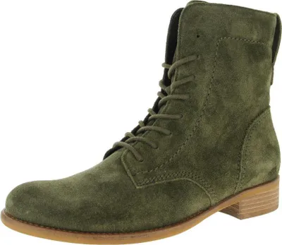 A single green suede boot is shown against a white background.