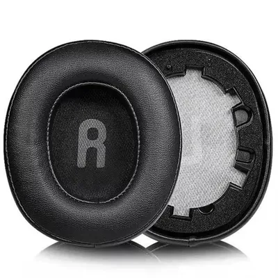 Two black ear pads for headphones, one showing the inner surface with the letter 'R' and the other showing the back with foam padding.
