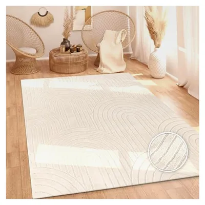 Produktbild von Teppich für Wohnzimmer und Schlafzimmer, Hochflor, weich, einfarbig, skandinavisches Boho-Motiv, 3D-Optik, Regenbogen, waschbar, Creme, Größe: 160x220 cm