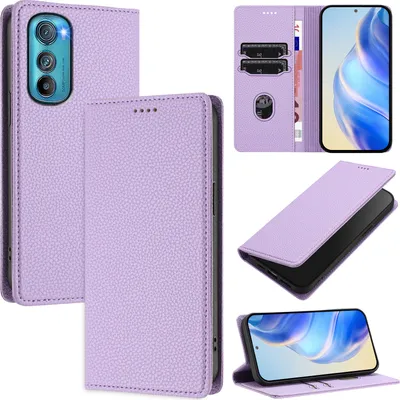 Image de Etui en cuir pour Motorola Edge 30, Litschi leather, wallet case with card slots and stand Purple