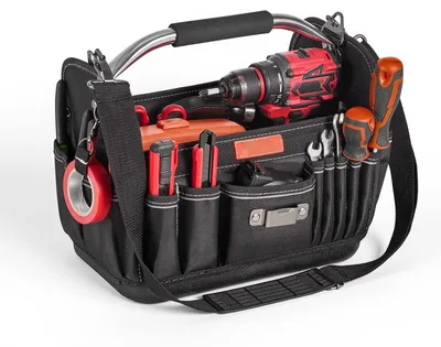Produktbild von Werkzeugtasche offen - Werkzeugtrage und Aufbewahrungstasche 33 x 20 x 25 cm - Viele Innen- und Außenfächer - Wasserabweisend - Robustes Polyester - Schultergurt und Tragegriff