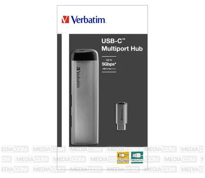Produktbild von Verbatim USB-C Multiport-Hub 4-Port USB 3.2 Gen 1, USB 3.2 Gen 1 (3.1 Gen 1) Type-C, USB 3.2 Gen 1 (3.1 Gen 1) Type-A, 5000 Mbit/s, Grau, Aluminium, Kunststoff, 0,15 m