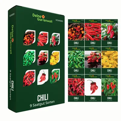 Produktbild von Chilisamen Set - 9 Sorten Samen - Saatgut Sortiment - Anzuchtset für Chilipflanzen - Geschenkset - Chilisorten von sehr mild bis extra scharf