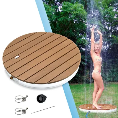 Produktbild von Runde WPC Gartendusche | mobile Bodendusche mit 18 Düsen | Outdoor Dusche für Garten, Pool, Sauna & Camping | 3/4 Zoll Anschluss