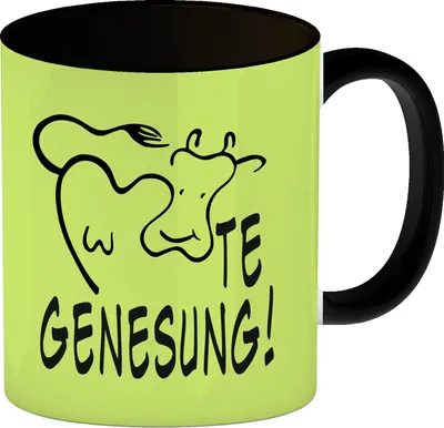 Produktbild von KUHte Genesung Kaffeebecher Schwarz mit Kuh Motiv in grün