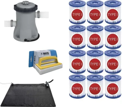 Produktbild von WAYS - Poolpflege - Solarmat & Filterpumpe 1249 L/h & 12 Filter Typ I & WAYS Scheuerbürste