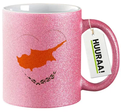 Produktbild von Huuraa Glitzertasse Zypern Flagge Herz 330ml Pink Keramik Kaffeebecher Geschenkidee
