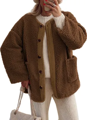 Produktbild von ASKSA Damen Wintermaentel Sherpa Fleecejacke Fuzzy Langarm Button Up Casual Warm Jacken mit Taschen (Braun,S)